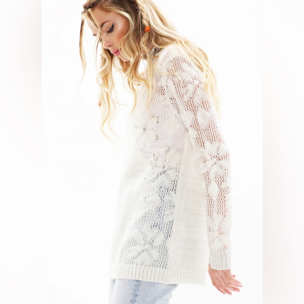 Aratta silent Journey Elegant White Lace Knit Sweater crochet style knit bead